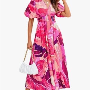 Sissyaki Women's Boho Floral Midi Dress Smocked Beach Flowy Dress